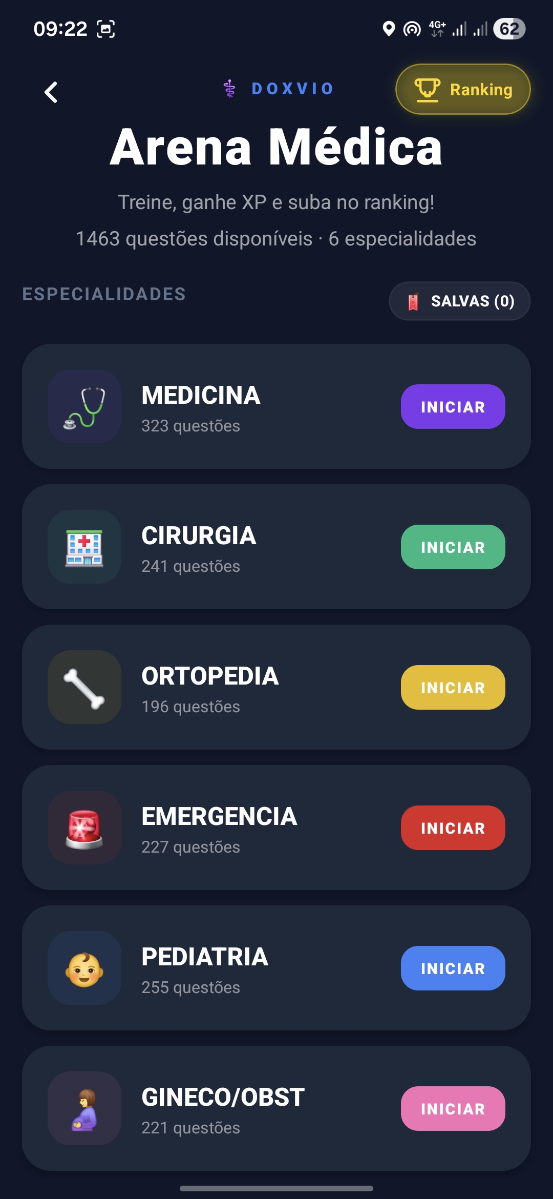 Arena Médica com 1.463 questões em 6 especialidades: Medicina, Cirurgia, Ortopedia, Emergência, Pediatria, Gineco