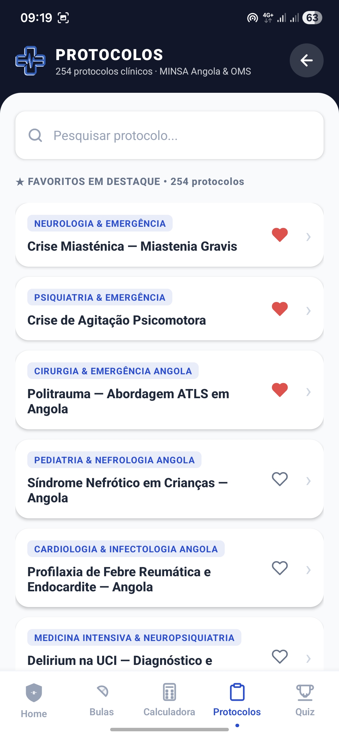 Lista de 254 protocolos clínicos MINSA Angola organizados por especialidade médica